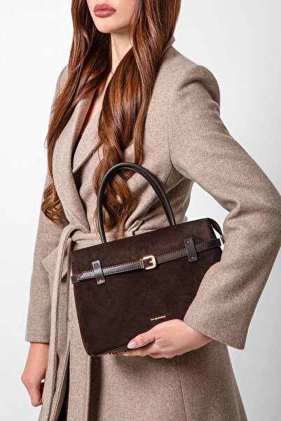 CENGİZ PAKEL Women's Handbag - Shoulder Bag with Suede Leather Belt Detail - 7605 - Bitter Brown
