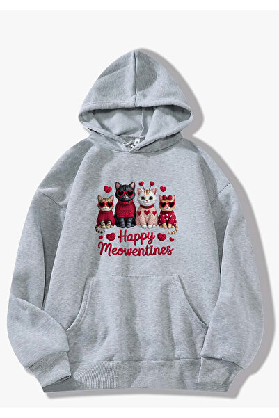 SUNFREE Cute Cats Printed Hooded Cotton Gray Sweatshirt