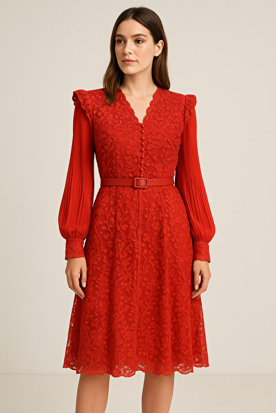 sweetyar Uzun Kollu Dantel Detaylı Pliseli Abiye Elbise – Kırmızı / Pudra