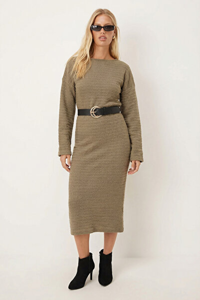 armonika Women's Khaki Long Sleeve Soft Textured Loose Dress Arm-26K001078