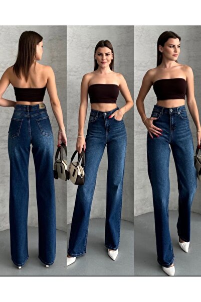 OEM Kadın Yüksek Bel Wide Leg Jean – Koyu Mavi