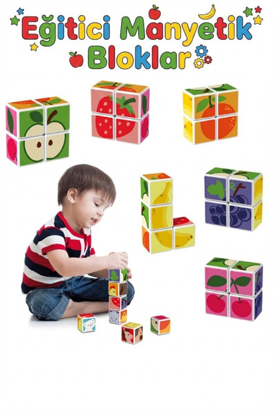 craftivio Eğitici Manyetik Küpler - Mıknatıslı Zeka Blokları - 4 Parça Meyve ...