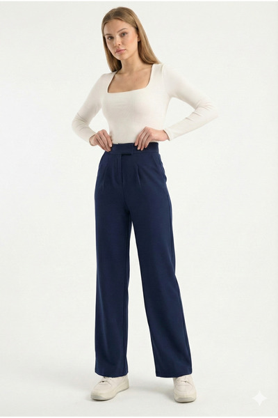 İpli Women's Navy Blue Palazzo Pants High Waist, Velcro Closure, Pockets