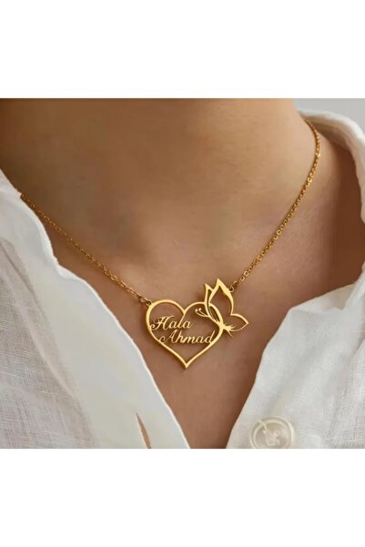 Butik Kelebek ve Kalp Figürlü Kişiye Özel isimli 925 Ayar Gümüş Kadın Kolyesi