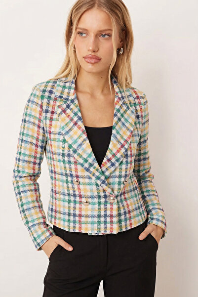 armonika Women's Yellow-Red Double-Breasted Collar Tweed Crop Jacket Arm-24K001014