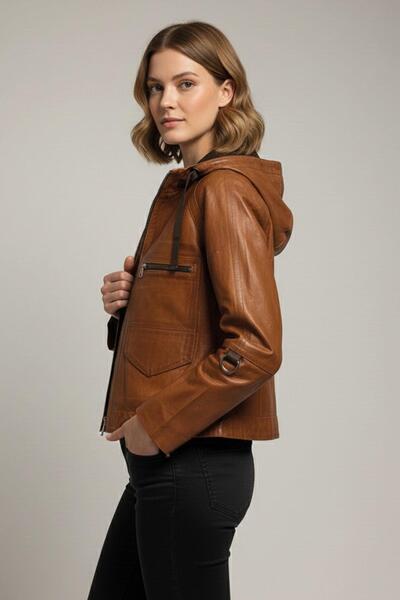 Deriderim Taba Stella Hooded Pocket Women's Genuine Leather Jacket