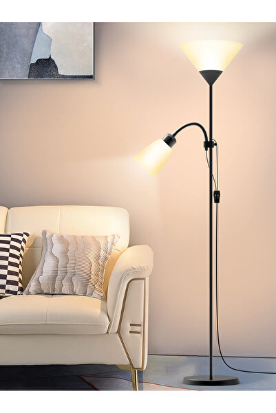 YESMAX مصباح أرضي LED مع إضاءتين، مصباح أرضي عمودي، ضوء قراءة قابل للتعديل، أسود