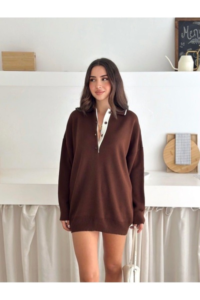 OEM Kadın Oversize Polo Yaka Triko Tunik – Kahverengi
