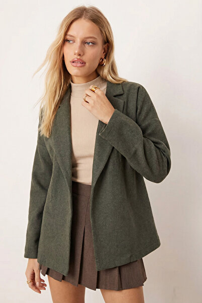 armonika Women's Green Men's Collar Side Slit Oversized Jacket Arm-26K001009