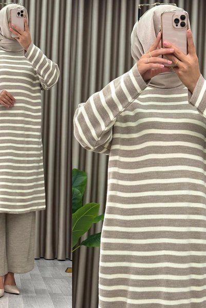 ALYA MUKADDER TRİKO TAKIM Akrilik İplik Kumaş Kadın Vizon Çizgi Desenli Pantolonlu Triko Takım
