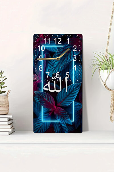 kutuTR 3D Look Neon Framed Leaves and 2D Uv Printing Mdf Table Clock with the Word'Allah' Written on It – 20X40 Cm-Dts028