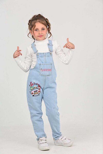 CANAN ÇAKMAK Kız Çocuk Slopet Çocuk Kot Tulum Labubu Desenli Pembe