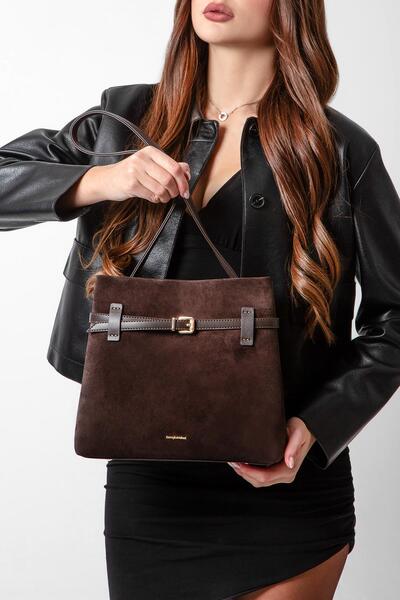 CENGİZ PAKEL Suede Leather Belt Detailed Women's Shoulder Bag - 7606 - Bitter Brown