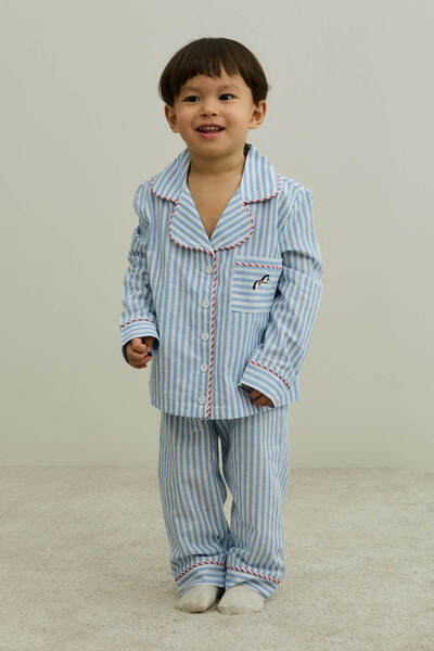 Fahhar Kids Çizgili Pamuk Pijama Takımı Mavi