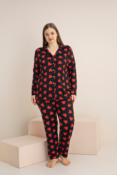 rindahomewear Women's Plus Size Milan Knitted Buttoned Long Sleeve Red Heart ...