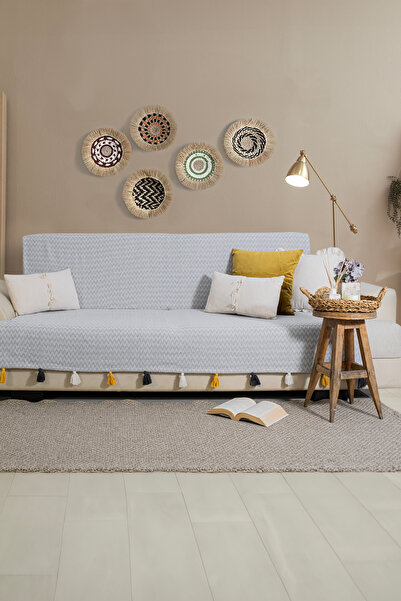 Lux Touch Magnolia Sırtı Örten Gri Püsküllü 170x 205 Cm Koltuk Örtüsü - Premium, Dokulu, Leke Tutmaz