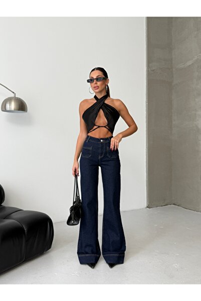 HerTon Yüksek Bel Geniş Paça Manşet Detaylı Kadın Denim Pantolon