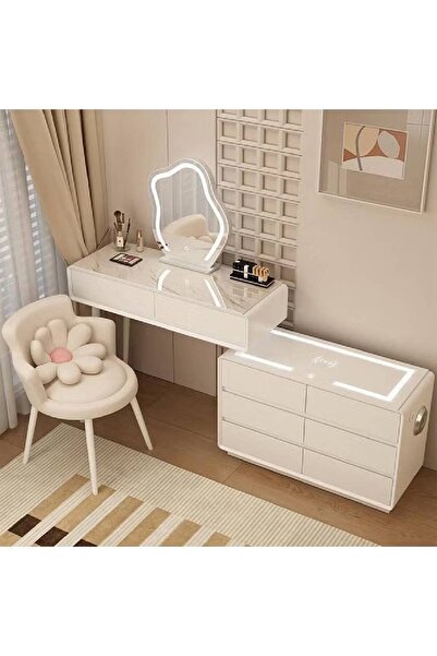 NKX Makeup Vanity Table Dressing Table Flip Mirror With Drawers And Chair With BT Speaker