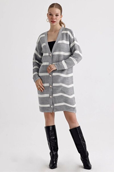 İKLİM LİFE Ριγέ μακρύ πλεκτό ζακέτα με κοτλέ κουμπιά