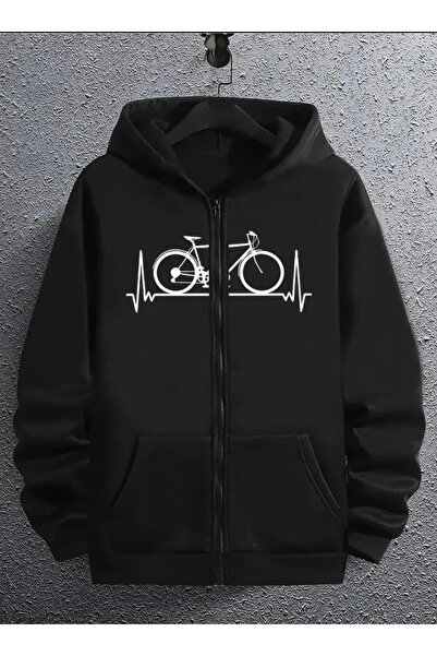 Oceanwear Bicycle Printed Zippered Hooded Fleece-Lined Plain Sweatshirt Cardigan