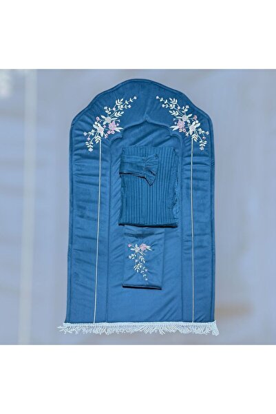 FABRIC A sophisticated petrol blue prayer rug with elegant floral embroidery ...