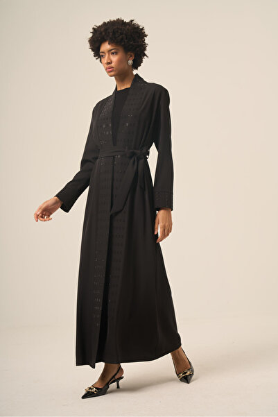 ihvan online Black two-piece square stone embellished abaya with detachable b...