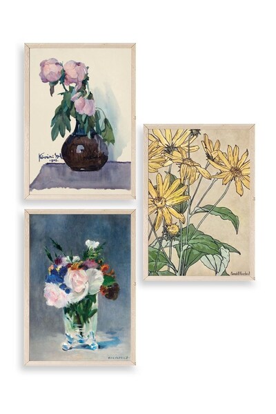 CT STONES Flowers in a Vase Triple Wooden Framed Painting