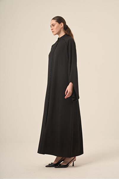 derin store Dizili Kristal Taş Detaylı Hakim Yaka İki Parça Abaya 6509-25 Siyah