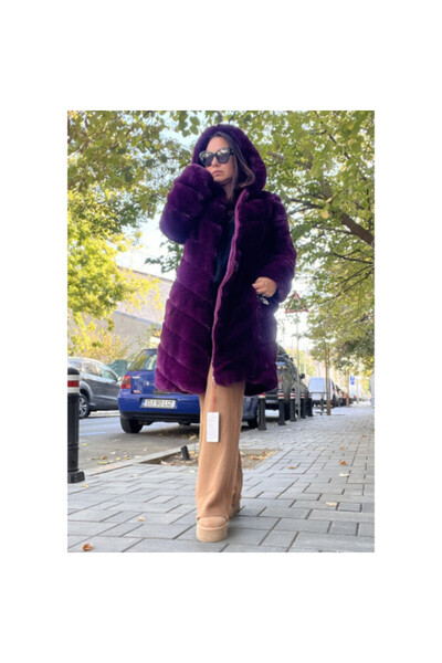 FeteRL Παλτό με συνθετική γούνα, μπορντό, με κουκούλα, plus size