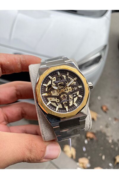 Ferrucci SARI ÇERÇEVE GÜMÜŞ RENKLİ OTOMATİK ERKEK KOL SAATİ
