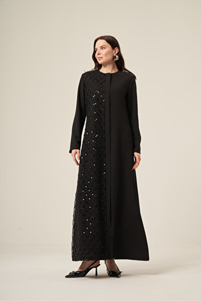 derin store Siyah Tek Tarafı Papatya Desenli Pul Boncuk İşlemeli Gizli Fermuarlı Ferace - 6152-25 Siyah