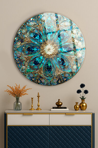 TAULART Turquoise Stained Glass Mandala Pattern Gold Detail Circular Unbreaka...