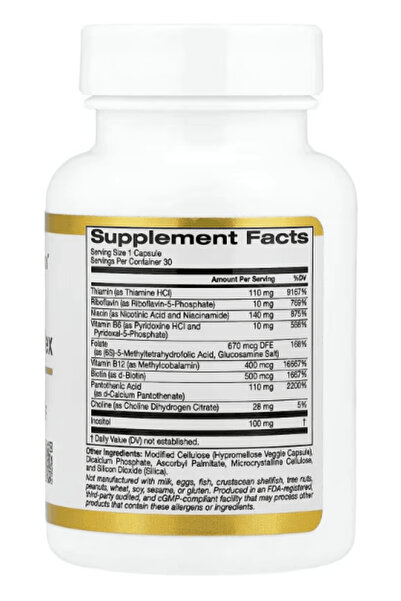 California Gold Nutrition High Vitamin B Complex with Methyl Folate & Methyl B12, 30 Veggie Capsules