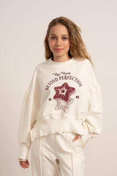 LOCO LOCO KIDS LocoLoco Girl Child Star cu imprimeu Swea tricou 9-14 ani Ecru