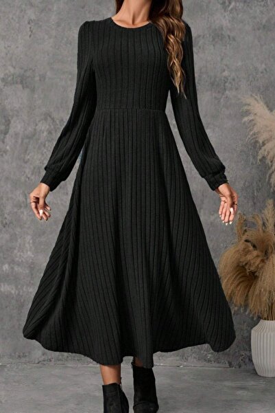 Mossta Long Sleeve A-Line Midi Length Fleece-Lined Ribbed Knit Dress - Black