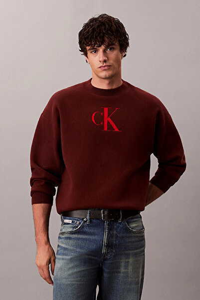 Calvin Klein سترة رجالية حمراء بأكمام طويلة من القطن والكشمير بشعار ثلاثي الأ...