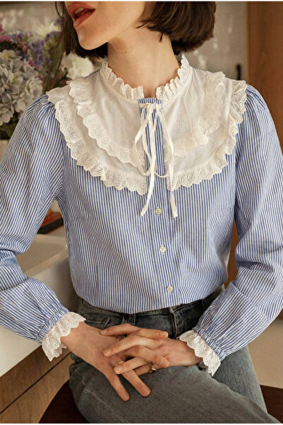 FEMELLE Apron Collar Striped Collar and Wrists Lace Detailed Buttoned Cotton Shirt
