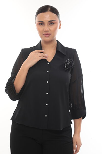 KİFAYET Büyük Beden (50-56) Gömlek Yaka Taşlı Düğmeli Şifon Kol 3D Çiçek Akse...