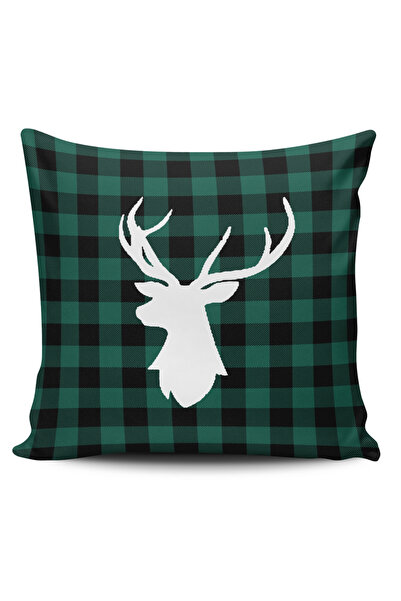 Alacastore Husă de pernă pătrată cu carouri verzi de Anul Nou, cu cerb alb, t...