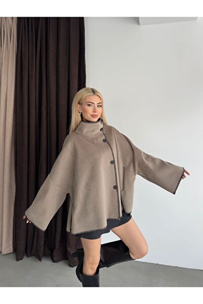 ParlaMira Women's Brown Oversized Premium Cashmere High Collar Piped Button Jacket