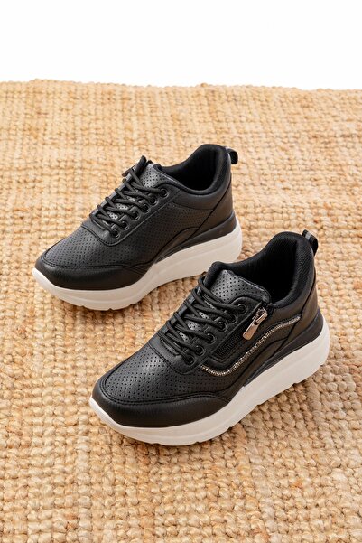 Zerenyus Zri̇n-207 Premium Black Lace-Up Zippered Women's Sneaker with Stone Accessories