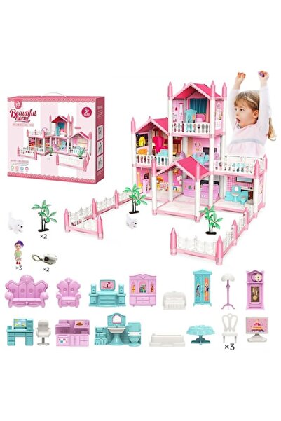 Wacorresi Casă de păpuși cu LED, 3 etaje, 7 camere, 3 păpuși, câine, accesorii, roz