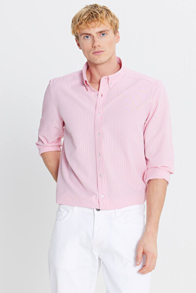 ALTINYILDIZ CLASSICS Men's Pink Tailored Slim Fit Slim Fit Button down Collar Seersucker Shirt