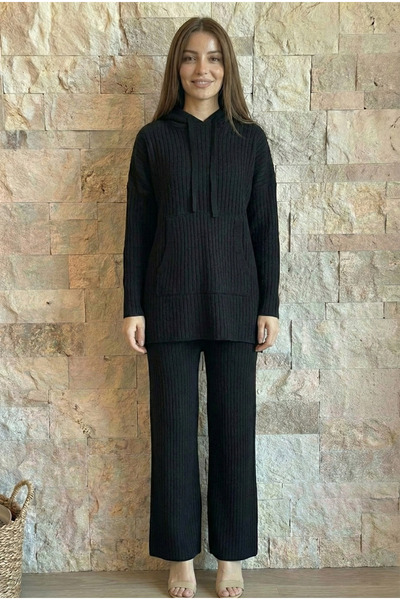 Hatun Atila طقم تريكو هاتون أتيلة قماش مجدّل أسود - 7744