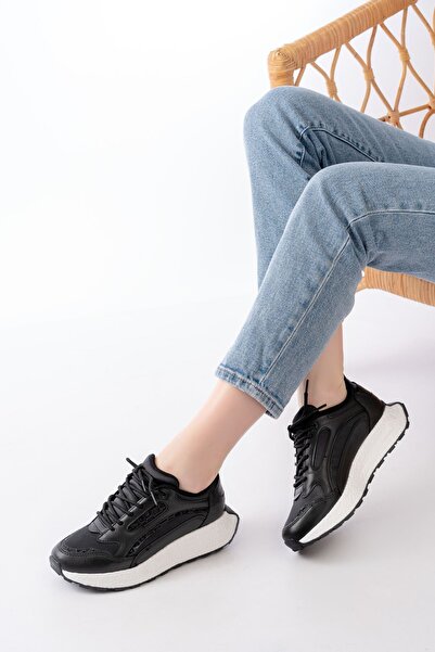 Zerenyus Zri̇nf-307 Premium Black Lace-Up Satin Women's Sneaker with Stone Accessories