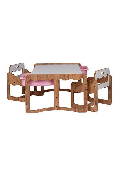 BEEVOLİ Montessori 2 Kişilik Masa Sandalye Takımı, 18mm Ceviz-Beyaz MDF, Pemb...
