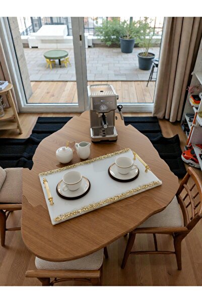 Online Home Market طقم خواتم الوعد والخطوبة مكون من قطعتين - طقم صينية تقديم القهوة بمقبض أصفر مطلي بالذهب |   تصميم زجاجي مستطيل الشكل