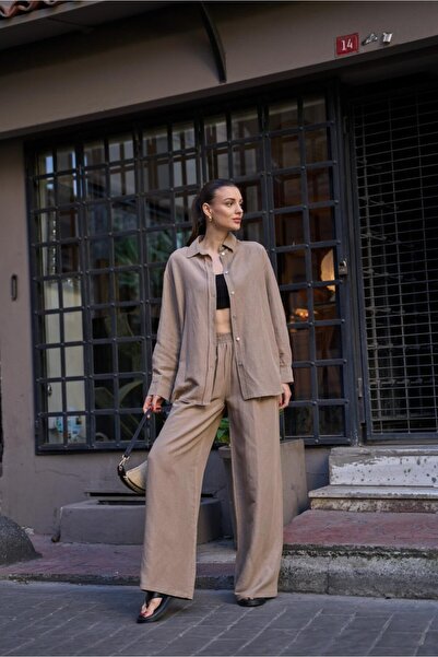 YOUR NAME Elastic Waist Loose Linen Brown Women's Trousers