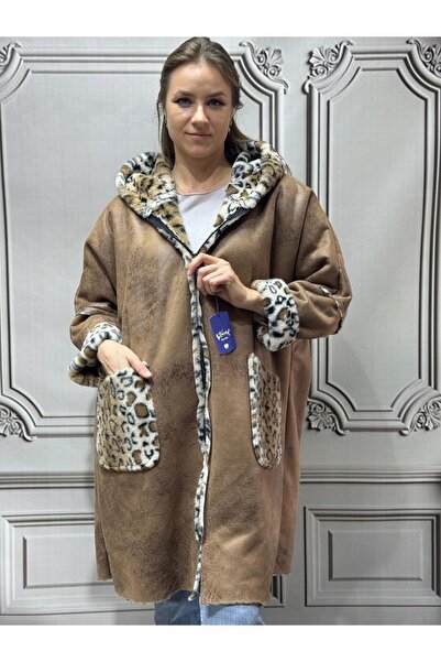 AGORATEKSTİL Women's Original Italian Zippered K Hooded Long Fur Leopard Coat
