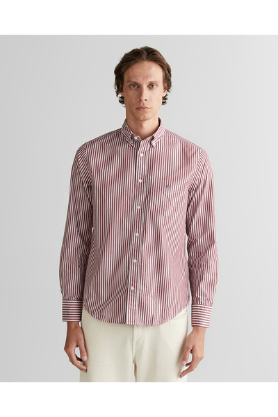 Gant Erkek Bordo Regular Fit Düğmeli Yaka Çizgili Poplin Gömlek